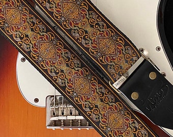 Woven guitar strap, genuine leather ends, retro/vintage design, handmade gift - Goldfinger
