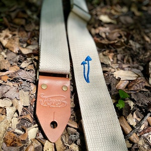 Blue mushroom cotton guitar strap - embroidery