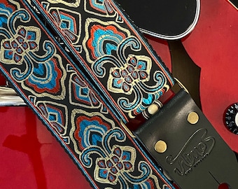 Woven guitar strap, genuine leather ends, retro/vintage design, handmade gift - Electro Bliss