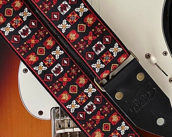 Woven guitar strap, genuine leather ends, retro/vintage design, handmade gift - Woodstock