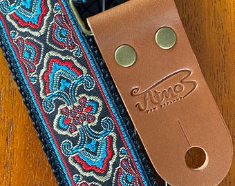 Geweven bandje voor ukelele, uiteinden van echt leer, retro/vintage design, groen design, zwart en bruin leer, handgemaakt cadeau - Electro Bliss