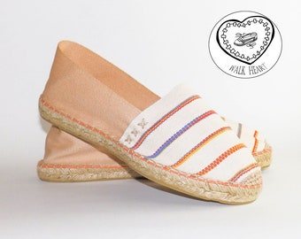 Flat striped espadrilles. Salmon and beige color. Organic cotton. Made in Spain