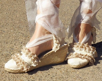 Wedding bridal sandals with lace. Hight Wedge. Adlib. Organic cotton. Alpargatas made in Spain