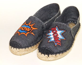 Embroidered espadrilles with onomatopeia. Organic cotton. Alpargatas made in Spain