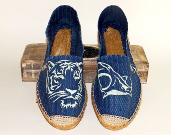 Denim flat espadrilles with embroidery Tiger and Shark. Organic cotton . Alpargatas made in Spain