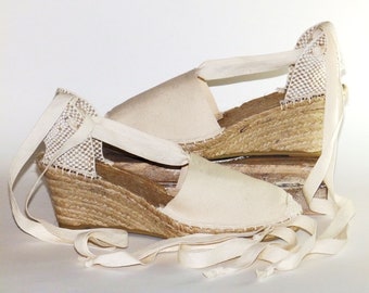 Lace up bridal wedding wedges espadrilles. Beige. Organic cotton. Alpargatas made in Spain