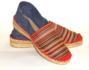 Spanish espadrilles multicolor and denim. Low wedge. Organic cotton. Alpargatas Made in Spain