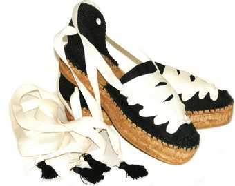 Lace up Black Platform Espadrilles. Spanish traditional espadrilles. Organic cotton. Alpargatas made in Spain