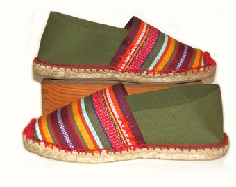 Khaki green and striped canvas flat espadrilles. Organic cotton. Made in Spain