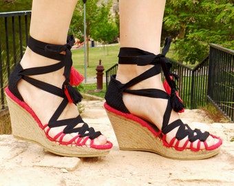 Black Hight Wedge Sandals Espadrilles. Alpargatas made in Spain