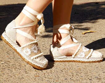 Platform white espadrilles with lace    Bridal wedding    Ibiza Style   Adlib   Organic cotton  Alpargatas made in Spain