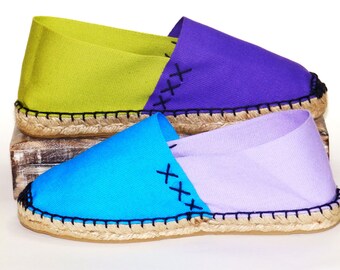 Flat canvas espadrilles. Turquoise, Lavender, Dark Purple and Lime Green. Organic cotton. Alpargatas Made in Spain