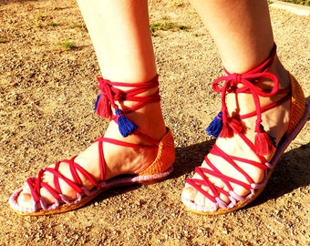 Red espadrilles  greek sandals with orange heel pad. Alpargatas made in Spain