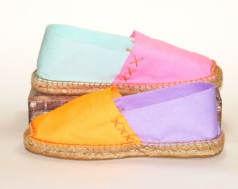 Espadrilles Flache Canvas-Espadrilles Phosphororange, Mauve, Phosphorrosa und Aquagrün. Bio-Baumwolle. Hergestellt in Spanien