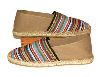 Brown and striped canvas flat espadrilles. Organic cotton. Made in Spain