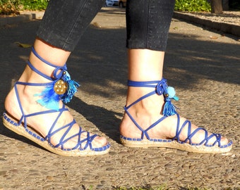 Blue greek sandals. Alpargatas made in Spain