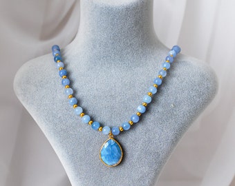 Blue Opal Necklace, Bold Design Jewelry, Blue Opal-Tipped Necklace for Women, Unique Gift