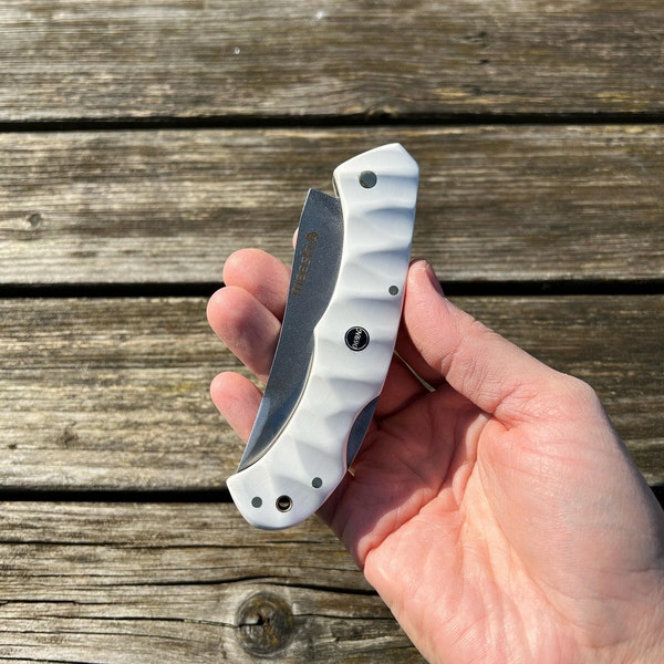 Handmade folding pocket knife, camping knife, N690 stainless steel, white color