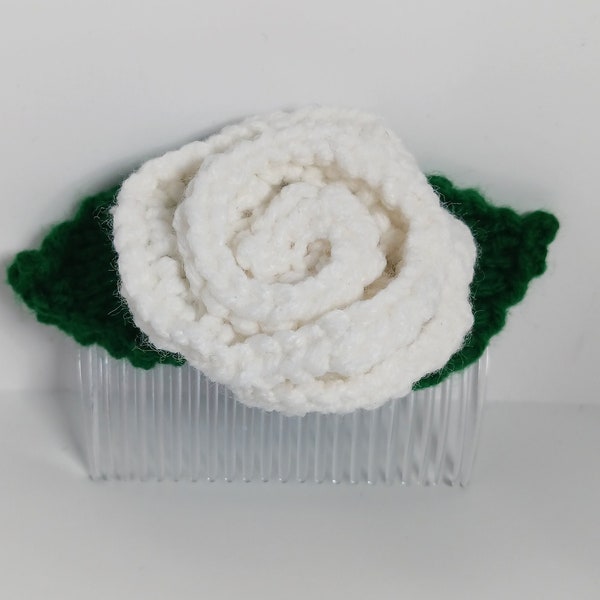 White Rose Flower with Green Leaves Knit Handmade Wedding Spring Hair Comb Accessory