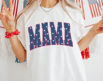 Camiseta para o 4 de julho, Camiseta patriótica para mães, Estrelas e listras, Camiseta oversized para mães, Camiseta moderna para mães, Cores confortáveis, Roupa para o Dia da Independência