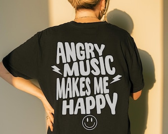 Camiseta gráfica "Angry Music Makes Me Happy", camiseta metalera, moderna, heavy metal, vanguardista, emo, concierto, grunge, punk, death metal, Blegh