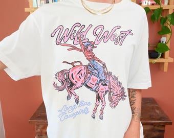 Camiseta feminina com estampa do Velho Oeste, moderna, retrô, country, western, cowgirl, alternativa, ousada, yeehaw, boho