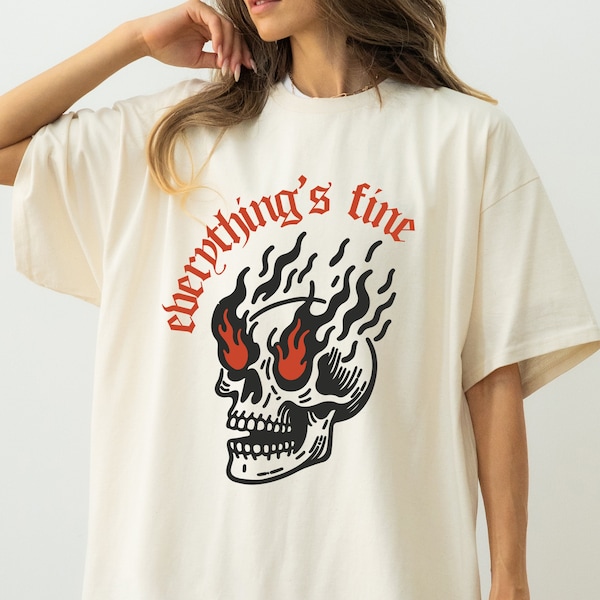 Everything’s Fine Graphic Tee T-Shirt for Women, punk rock goth grunge skull vintage inspired