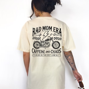 Rad Mom Era Caffeine And Chaos Graphic Tee T-Shirt for Women, funny trendy edgy retro vintage aesthetic motorcycle biker mama