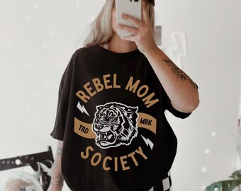 Rebel Mom Society Graphic Tee Shirt for Women, trendy, edgy, moms club, badass, mama, gift, Mother’s Day, retro, vintage, inked, tshirt