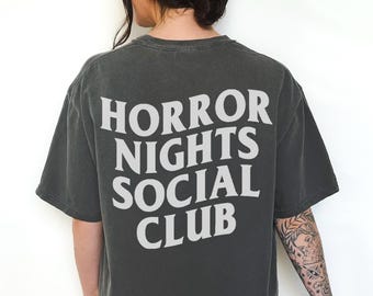Horror Night Social Club Graphic Unisex Tee Shirt, Halloween Horror Night, HHN shirt, Halloween shirt, trendy, spooky, Halloween