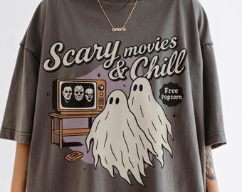 Scary Movies And Chill Graphic Tee Shirt for Women, Halloween shirt, trendy, retro, vintage, spooky, Halloween, funny, trick or treat