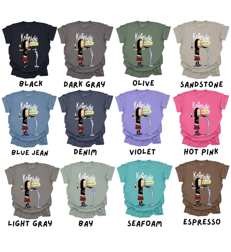 May include: A collage of 12 t-shirts in various colors, each featuring a cartoon character with a microphone and the text "Kaanholio" on the front. The colors include black, dark gray, olive, sandstone, blue jean, denim, violet, hot pink, light gray, bay, seafoam, and espresso.