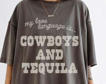 Camiseta feminina com estampa de cowboys e tequila, retrô, moderna, camisa country, cowgirl, yeehaw, texas, rodeio, Nashville