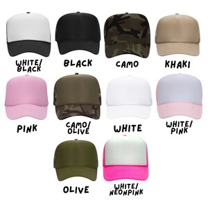 May include: Assortment of ten trucker hats in various colors and patterns, including white, black, camo, khaki, pink, olive, and neon pink. The hats have a mesh back and a solid front panel.