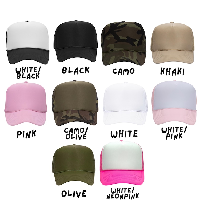 May include: Assortment of ten trucker hats in various colors and patterns, including white, black, camo, khaki, pink, olive, and neon pink. The hats have a mesh back and a solid front panel.