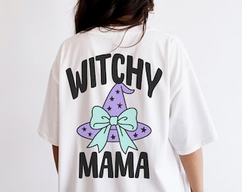 Koszulka z grafiką „Witchy Mama” dla kobiet, koszulka na Halloween, koszulka dla mamy, mama, modna, vintage, upiorna, Halloween, zabawna, cukierek albo psikus, czarownica