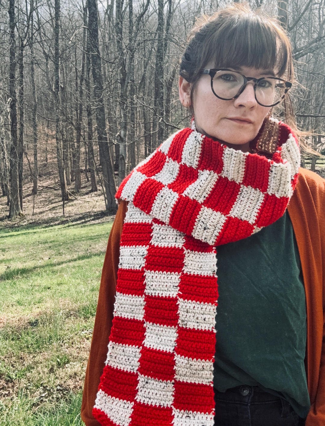 Crochet Red & Speckled Ivory Checkerboard Scarf - Etsy