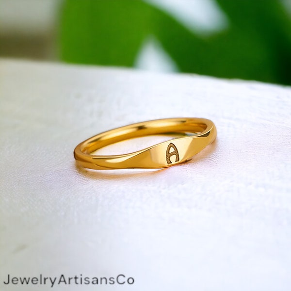 Signet Ring, Custom Initial Ring, Initial Ring, Personalized Signet Ring, Gold Color Signet Ring, Gold Stacking Ring, Gold Color Filled Ring