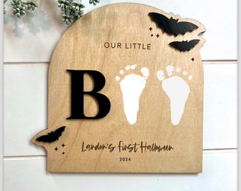 Our Little Boo First Halloween Sign, Newborn Photo Prop, Baby’s First Halloween, Baby Shower Gift, Baby Footprints, Halloween Wood Sign
