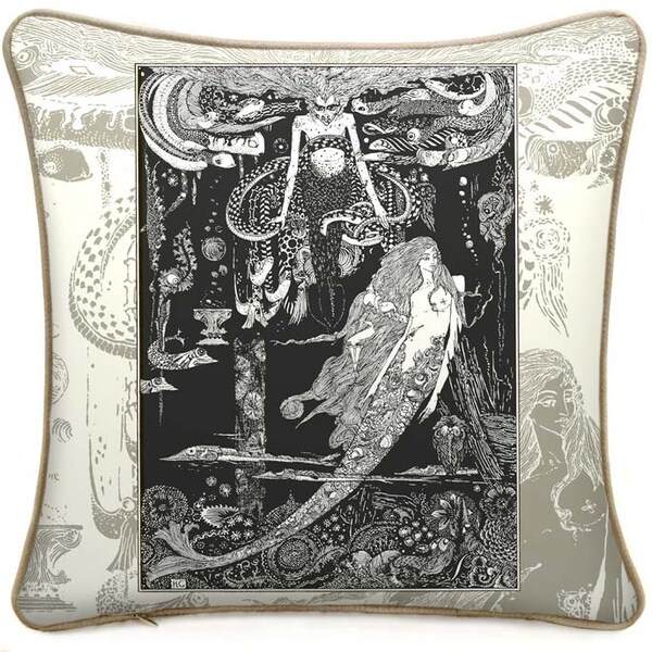 On sale. Was 44 dollars. The Little Mermaid, based on a Harry Clarke illustration. Printed cotton cushion.