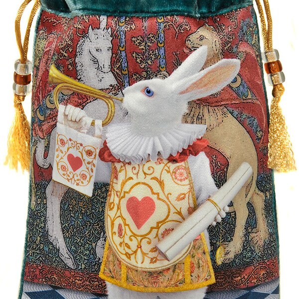 Alice - The White Rabbit Herald. Drawstring bag or tarot bag with wonderful silk velvet