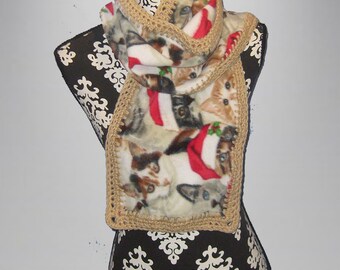 Crochet Edge Fleece Scarf: Holiday Kittens