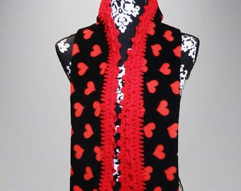 Crochet Edge Fleece Scarf: Red Hearts on Black