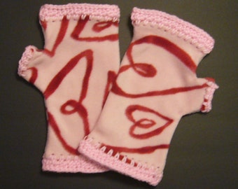 Crochet Edge Fleece Fingerless Gloves, Whimsical Hearts