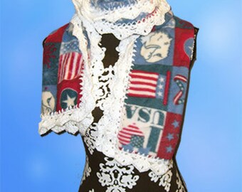 Crochet Edge Fleece Scarf: Patriotic Americana Patchwork (Wide Style)