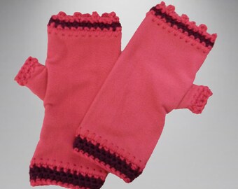 Crochet Edge Fleece Fingerless: One Size Fits Most, Dark PInk