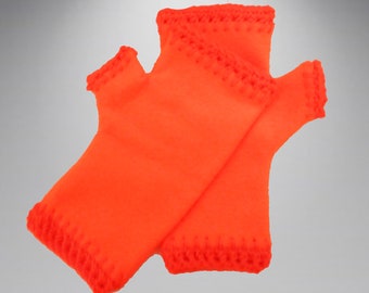 Crochet Edge Fleece Fingerless: Blaze/Safety Orange, One Size Fits Most