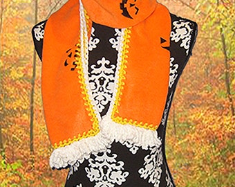 Crochet Edge Fleece Scarf, Embroidered Halloween Pumpkin Faces