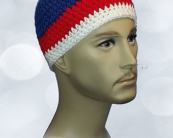 Crochet Skull Cap, One Size Fits Most, Red, White and Blue