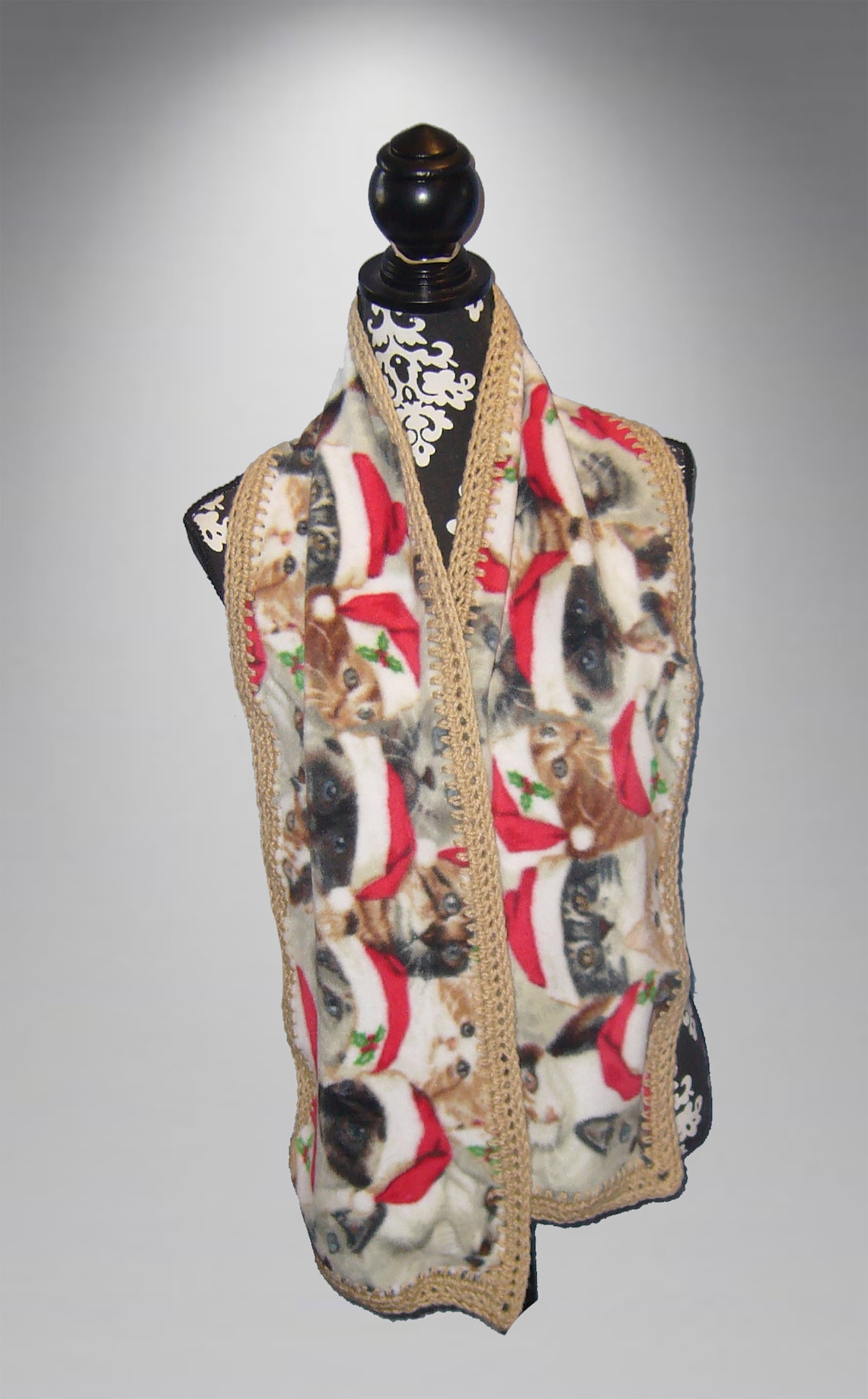 Crochet Edge Fleece Scarf Holiday Kittens Etsy